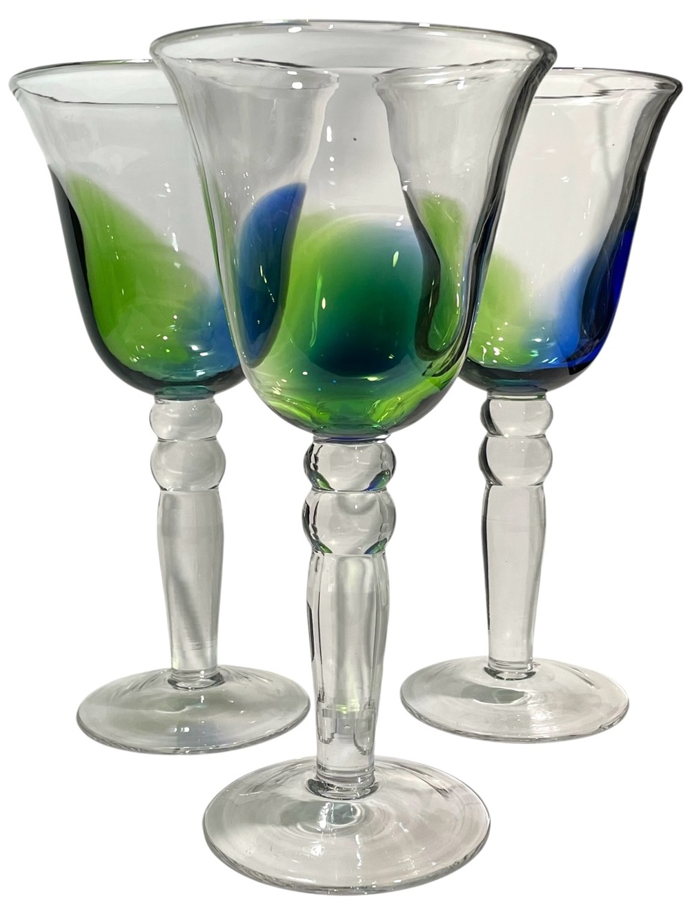 Vintage 2000s Pier 1 Imports Blue & Green Flame Hand Blown Glass Wine Goblet Set